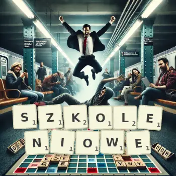 Kreatywna ilustracja do gry w Scrabble ze słowem SZKOLENIOWE ułożonym z płytek na planszy.