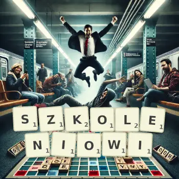 Kreatywna ilustracja do gry w Scrabble ze słowem SZKOLENIOWI ułożonym z płytek na planszy.