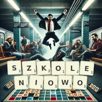 Kreatywna ilustracja do gry w Scrabble ze słowem SZKOLENIOWO ułożonym z płytek na planszy.