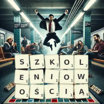 Kreatywna ilustracja do gry w Scrabble ze słowem SZKOLENIOWOŚCIĄ ułożonym z płytek na planszy.