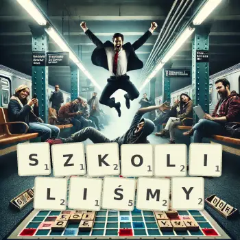 Kreatywna ilustracja do gry w Scrabble ze słowem SZKOLILIŚMY ułożonym z płytek na planszy.
