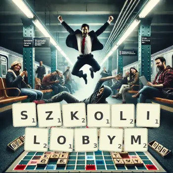 Kreatywna ilustracja do gry w Scrabble ze słowem SZKOLILOBYM ułożonym z płytek na planszy.