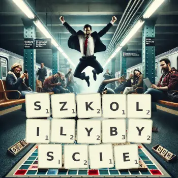 Kreatywna ilustracja do gry w Scrabble ze słowem SZKOLILYBYSCIE ułożonym z płytek na planszy.
