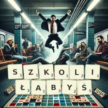 Kreatywna ilustracja do gry w Scrabble ze słowem SZKOLIŁABYŚ ułożonym z płytek na planszy.
