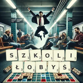 Kreatywna ilustracja do gry w Scrabble ze słowem SZKOLIŁOBYŚ ułożonym z płytek na planszy.
