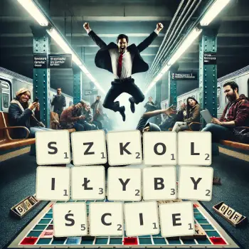 Kreatywna ilustracja do gry w Scrabble ze słowem SZKOLIŁYBYŚCIE ułożonym z płytek na planszy.
