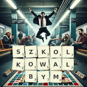 Kreatywna ilustracja do gry w Scrabble ze słowem SZKOLKOWALBYM ułożonym z płytek na planszy.