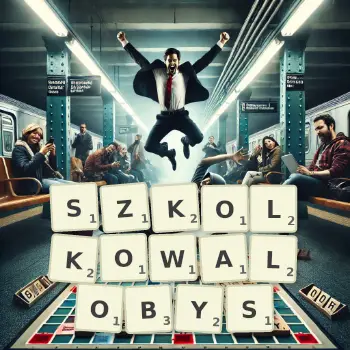 Kreatywna ilustracja do gry w Scrabble ze słowem SZKOLKOWALOBYS ułożonym z płytek na planszy.