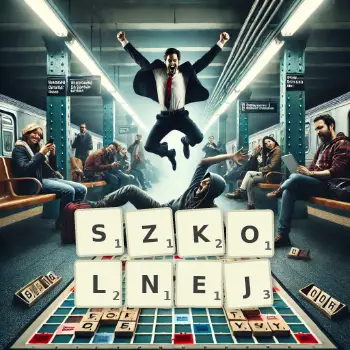 Kreatywna ilustracja do gry w Scrabble ze słowem SZKOLNEJ ułożonym z płytek na planszy.