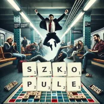 Kreatywna ilustracja do gry w Scrabble ze słowem SZKOPULE ułożonym z płytek na planszy.
