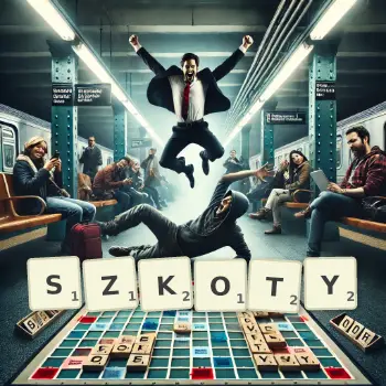 Kreatywna ilustracja do gry w Scrabble ze słowem SZKOTY ułożonym z płytek na planszy.