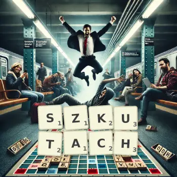 Kreatywna ilustracja do gry w Scrabble ze słowem SZKUTACH ułożonym z płytek na planszy.