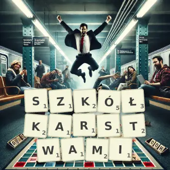 Kreatywna ilustracja do gry w Scrabble ze słowem SZKÓŁKARSTWAMI ułożonym z płytek na planszy.