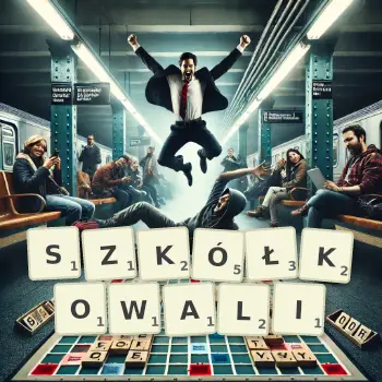 Kreatywna ilustracja do gry w Scrabble ze słowem SZKÓŁKOWALI ułożonym z płytek na planszy.