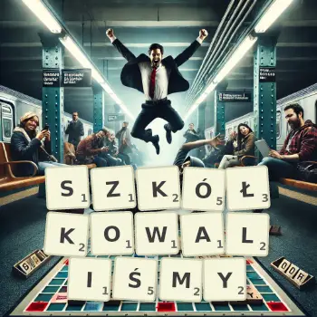 Kreatywna ilustracja do gry w Scrabble ze słowem SZKÓŁKOWALIŚMY ułożonym z płytek na planszy.