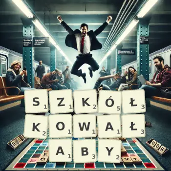 Kreatywna ilustracja do gry w Scrabble ze słowem SZKÓŁKOWAŁABY ułożonym z płytek na planszy.