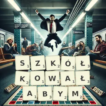 Kreatywna ilustracja do gry w Scrabble ze słowem SZKÓŁKOWAŁABYM ułożonym z płytek na planszy.