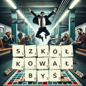 Kreatywna ilustracja do gry w Scrabble ze słowem SZKÓŁKOWAŁBYŚ ułożonym z płytek na planszy.