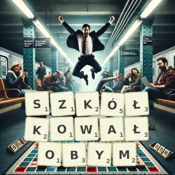 Kreatywna ilustracja do gry w Scrabble ze słowem SZKÓŁKOWAŁOBYM ułożonym z płytek na planszy.