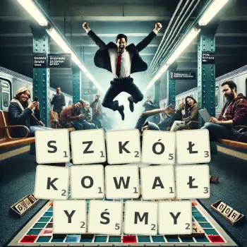 Kreatywna ilustracja do gry w Scrabble ze słowem SZKÓŁKOWAŁYŚMY ułożonym z płytek na planszy.