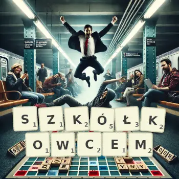 Kreatywna ilustracja do gry w Scrabble ze słowem SZKÓŁKOWCEM ułożonym z płytek na planszy.
