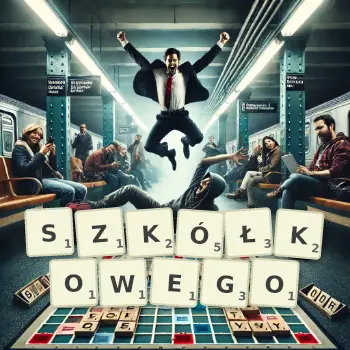Kreatywna ilustracja do gry w Scrabble ze słowem SZKÓŁKOWEGO ułożonym z płytek na planszy.