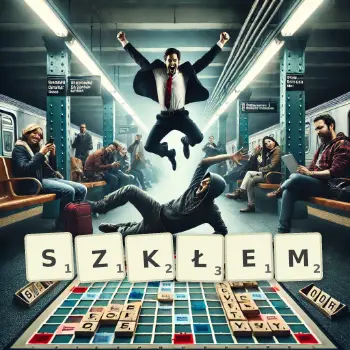 Kreatywna ilustracja do gry w Scrabble ze słowem SZKŁEM ułożonym z płytek na planszy.