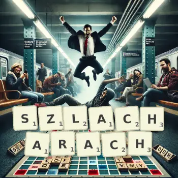 Kreatywna ilustracja do gry w Scrabble ze słowem SZLACHARACH ułożonym z płytek na planszy.