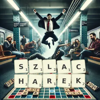 Kreatywna ilustracja do gry w Scrabble ze słowem SZLACHAREK ułożonym z płytek na planszy.