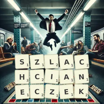 Kreatywna ilustracja do gry w Scrabble ze słowem SZLACHCIANECZEK ułożonym z płytek na planszy.