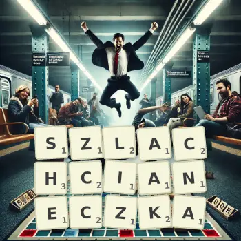 Kreatywna ilustracja do gry w Scrabble ze słowem SZLACHCIANECZKA ułożonym z płytek na planszy.