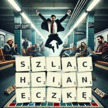 Kreatywna ilustracja do gry w Scrabble ze słowem SZLACHCIANECZKĘ ułożonym z płytek na planszy.