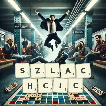 Kreatywna ilustracja do gry w Scrabble ze słowem SZLACHCIC ułożonym z płytek na planszy.