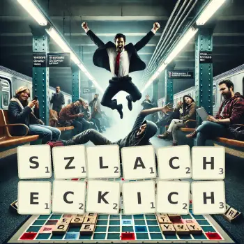 Kreatywna ilustracja do gry w Scrabble ze słowem SZLACHECKICH ułożonym z płytek na planszy.