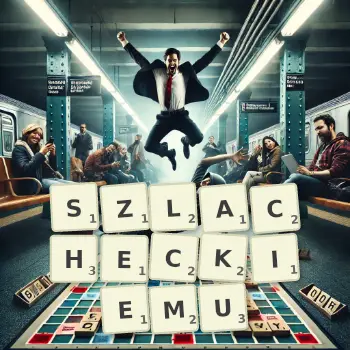 Kreatywna ilustracja do gry w Scrabble ze słowem SZLACHECKIEMU ułożonym z płytek na planszy.