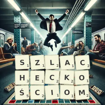 Kreatywna ilustracja do gry w Scrabble ze słowem SZLACHECKOŚCIOM ułożonym z płytek na planszy.