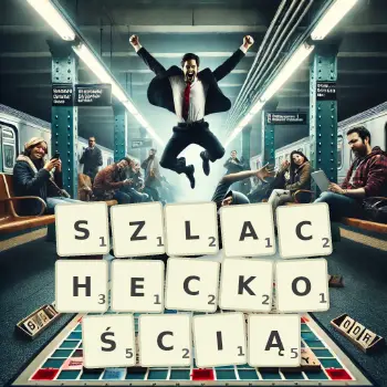 Kreatywna ilustracja do gry w Scrabble ze słowem SZLACHECKOŚCIĄ ułożonym z płytek na planszy.