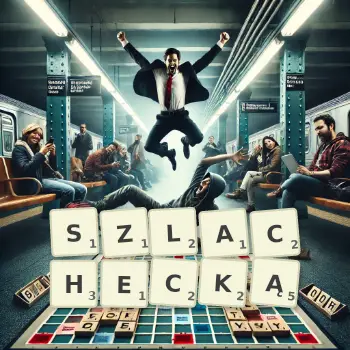 Kreatywna ilustracja do gry w Scrabble ze słowem SZLACHECKĄ ułożonym z płytek na planszy.