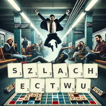 Kreatywna ilustracja do gry w Scrabble ze słowem SZLACHECTWU ułożonym z płytek na planszy.