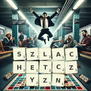 Kreatywna ilustracja do gry w Scrabble ze słowem SZLACHETCZYZN ułożonym z płytek na planszy.
