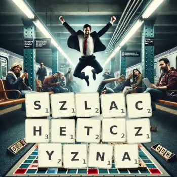 Kreatywna ilustracja do gry w Scrabble ze słowem SZLACHETCZYZNA ułożonym z płytek na planszy.