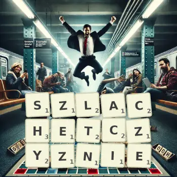 Kreatywna ilustracja do gry w Scrabble ze słowem SZLACHETCZYZNIE ułożonym z płytek na planszy.