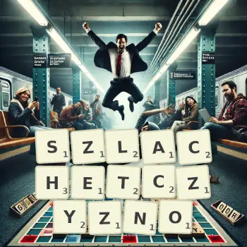 Kreatywna ilustracja do gry w Scrabble ze słowem SZLACHETCZYZNO ułożonym z płytek na planszy.