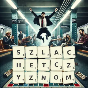 Kreatywna ilustracja do gry w Scrabble ze słowem SZLACHETCZYZNOM ułożonym z płytek na planszy.