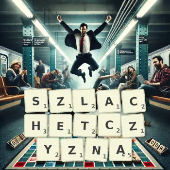 Kreatywna ilustracja do gry w Scrabble ze słowem SZLACHETCZYZNĄ ułożonym z płytek na planszy.