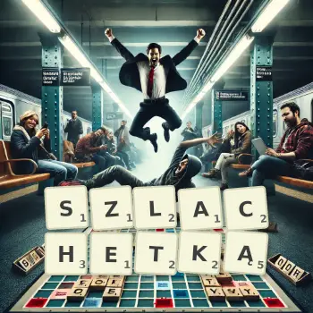 Kreatywna ilustracja do gry w Scrabble ze słowem SZLACHETKĄ ułożonym z płytek na planszy.