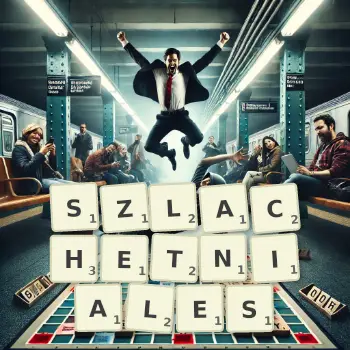 Kreatywna ilustracja do gry w Scrabble ze słowem SZLACHETNIALES ułożonym z płytek na planszy.