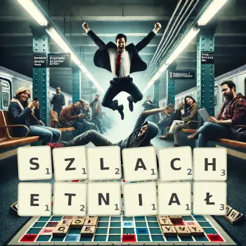 Kreatywna ilustracja do gry w Scrabble ze słowem SZLACHETNIAŁ ułożonym z płytek na planszy.
