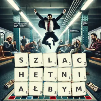 Kreatywna ilustracja do gry w Scrabble ze słowem SZLACHETNIAŁBYM ułożonym z płytek na planszy.