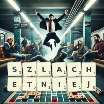 Kreatywna ilustracja do gry w Scrabble ze słowem SZLACHETNIEJ ułożonym z płytek na planszy.